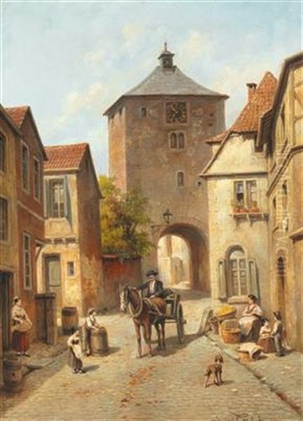 Villagers Near A City Gate Oil Painting by Jacques Francois Carabain