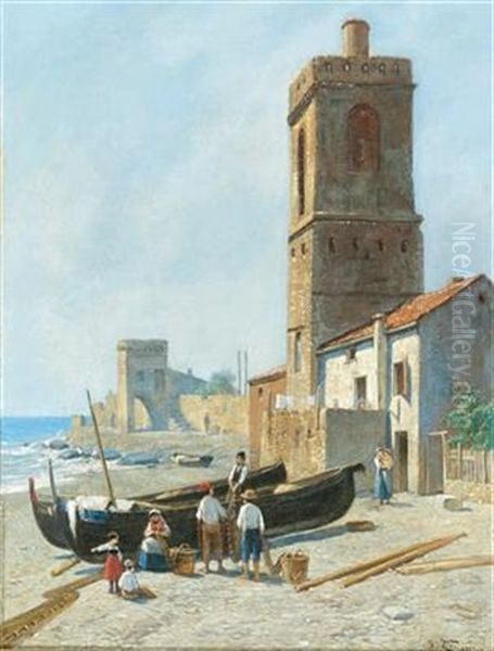 Fisherman And Family On The Italian Coast Oil Painting by Jacques Francois Carabain