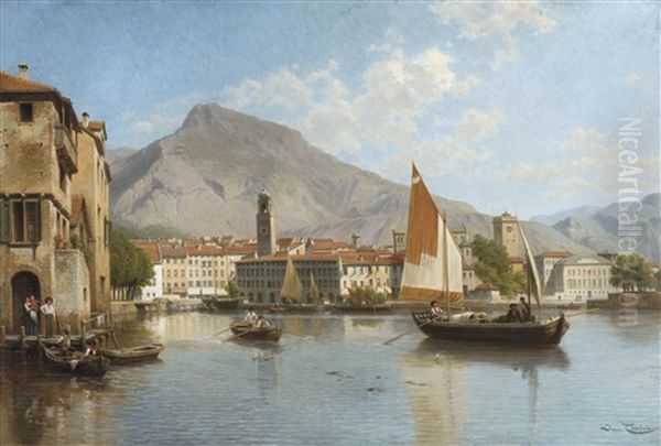 A View Of The City Of Riva On The Shores Of Lake Garda (italy) Oil Painting by Jacques Francois Carabain