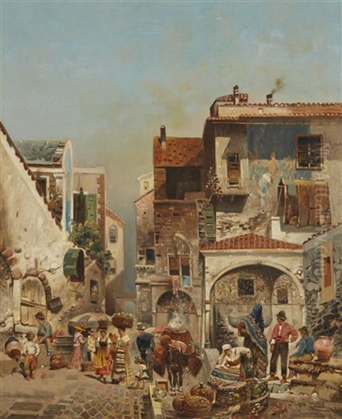 The Village Market Oil Painting by Jacques Francois Carabain