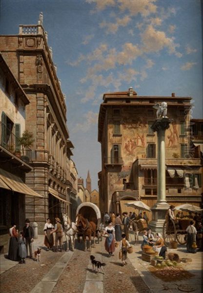 Piazza Delle Erbe, Verona Oil Painting by Jacques Francois Carabain