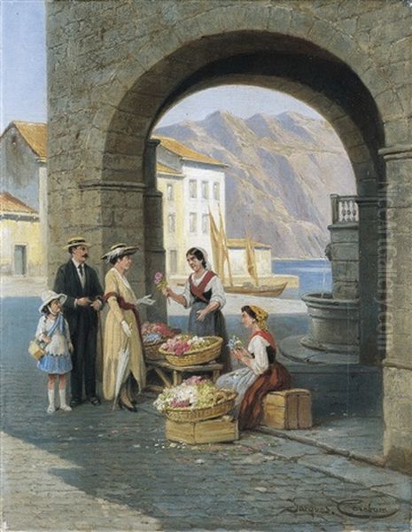 Flower Sellers In Riva, Lake Garda (1921) Oil Painting by Jacques Francois Carabain