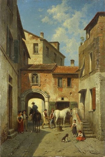 Street Scene With Figures Oil Painting by Jacques Francois Carabain