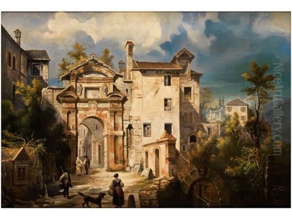 Vor Einem Stadtportal In Italien Oil Painting by Jacques Francois Carabain