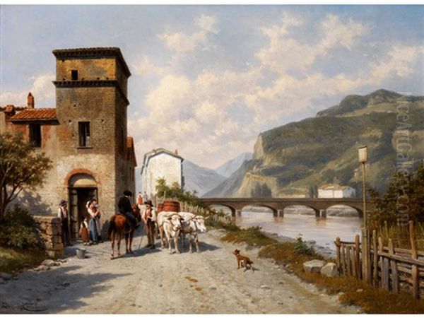 Blick Auf Die Brucke Uber Dem Roja In Ventimiglia, Italien Oil Painting by Jacques Francois Carabain