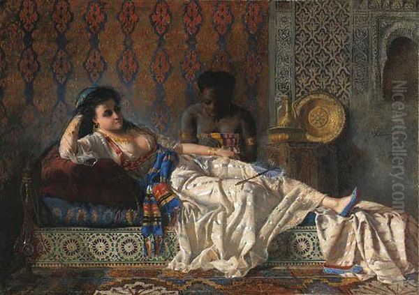 The Odalisque And Her Attendant In The Harem Oil Painting by Ramon Amado Y Bernardet