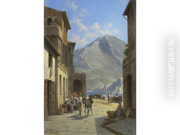 A Street Scene, Vernazza, Italy Oil Painting by Jacques Francois Carabain