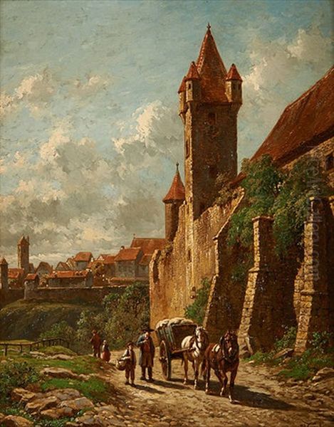 Chariot Attele Pres Des Remparts Oil Painting by Jacques Francois Carabain