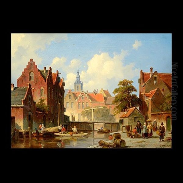 Dutch Canal Scene Oil Painting by Jacques Francois Carabain