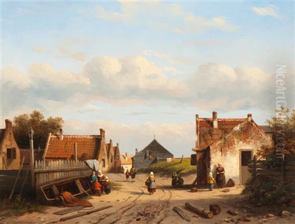 Activity In A Dutch Village On The Coast Oil Painting by Jacques Francois Carabain