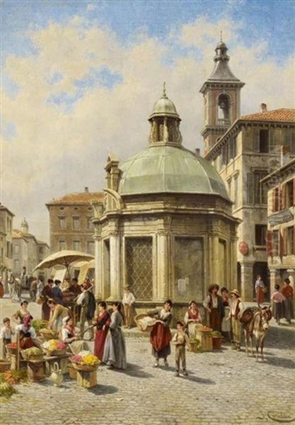 Italienische Marktszene. Une Vue De La Place Julius Cesar A Rimini Oil Painting by Jacques Francois Carabain