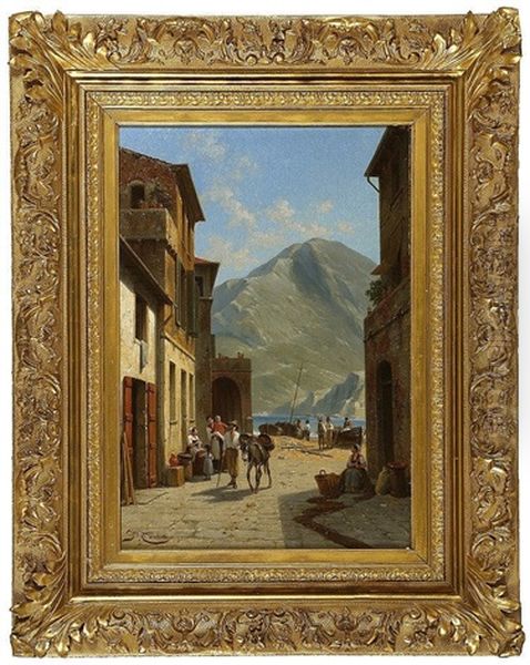 Port Town With Figures On A Street Oil Painting by Jacques Francois Carabain