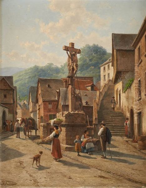 Une Rue A Bern Castel (moselle) Oil Painting by Jacques Francois Carabain