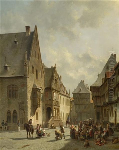 Marktszene Am Holzmarkt In Halberstadt Oil Painting by Jacques Francois Carabain