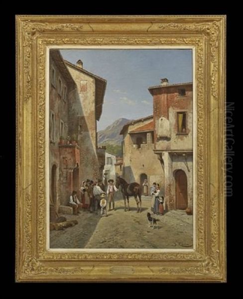 Italian Village Scene Oil Painting by Jacques Francois Carabain