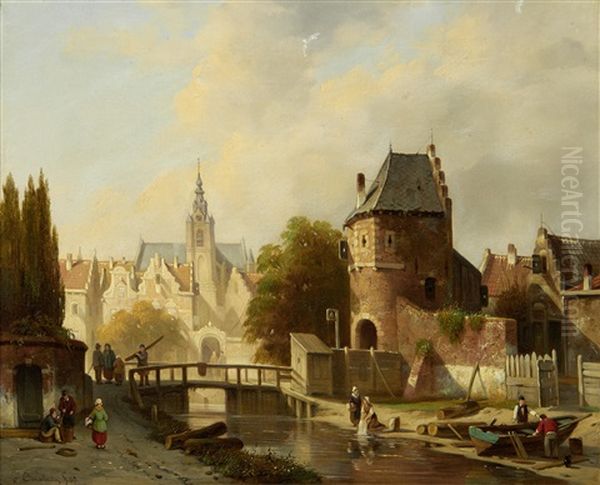 Town Scene, Belgium Oil Painting by Jacques Francois Carabain