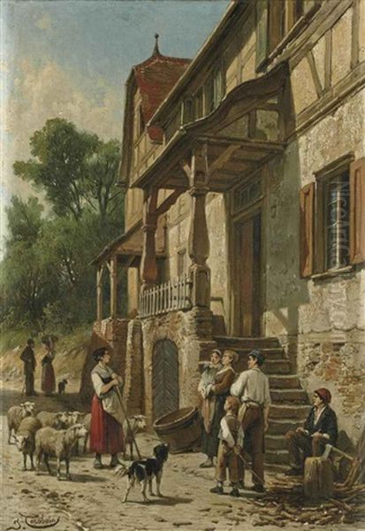 Une Rue A Filsen, Bords Du Rhin Oil Painting by Jacques Francois Carabain