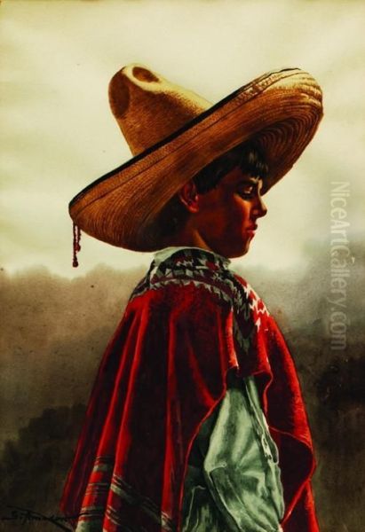 Nino Con Jorongo Rojo Oil Painting by Severo Amador