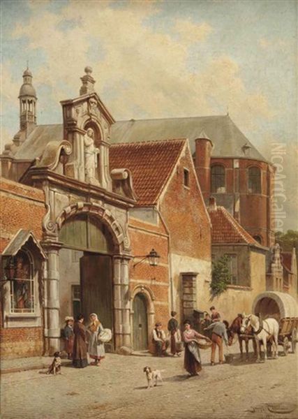 The Port Of The Beguinage In Lier, Belgium Oil Painting by Jacques Francois Carabain