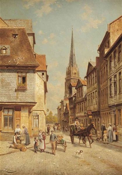 Townspeople In A Sunlit Street Oil Painting by Jacques Francois Carabain