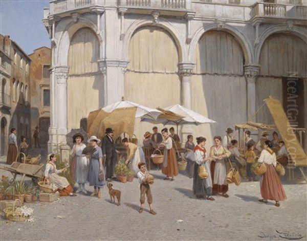 Blumenmarkt In Padua Oil Painting by Jacques Francois Carabain