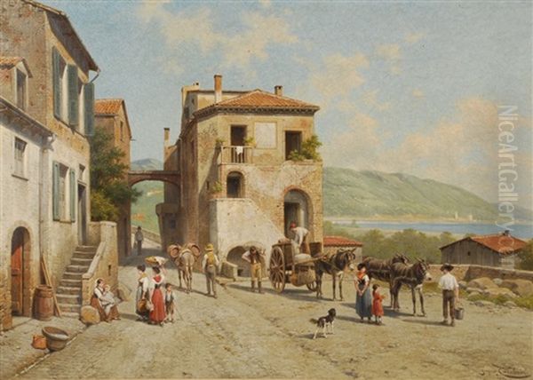 Vue De Village Italien Oil Painting by Jacques Francois Carabain