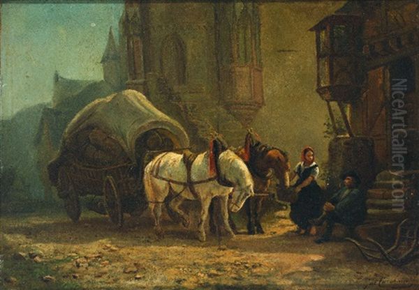 Rastender Fuhrmann Mit Planwagen. Eine Magd Futtert Die Pferde Oil Painting by Jacques Francois Carabain