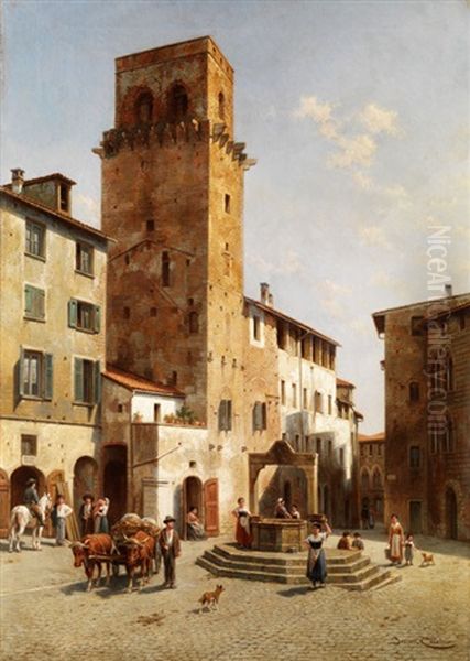 Platz In San Gimignano Oil Painting by Jacques Francois Carabain