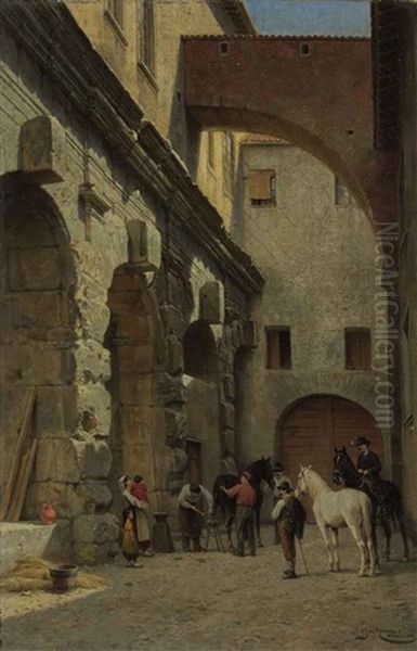 A Blacksmith Fitting Horseshoes In A Roman Courtyard Oil Painting by Jacques Francois Carabain