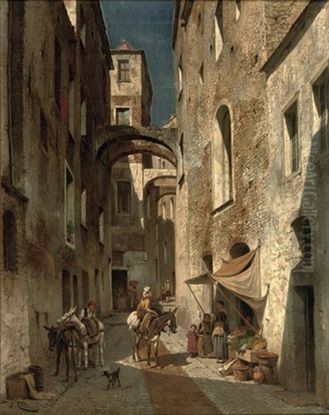 Figures In A Sunlit Street In Bordighera, Italy Oil Painting by Jacques Francois Carabain