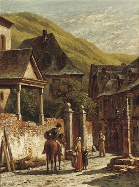 Chatting In A Village Square Oil Painting by Jacques Francois Carabain