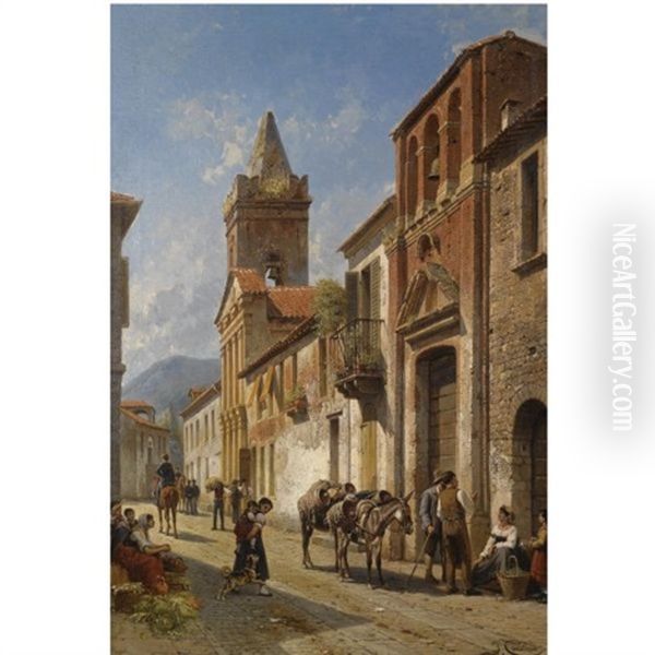 Street In Pascara Oil Painting by Jacques Francois Carabain