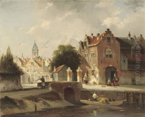 A Sunlit Town With Figures On A Quay Oil Painting by Jacques Francois Carabain