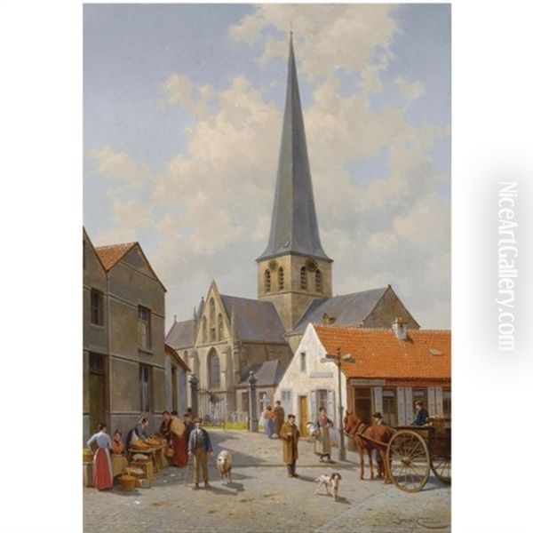 Figures On A Market Place At The Church Of Sint Kwintens Lennik, Belgium Oil Painting by Jacques Francois Carabain