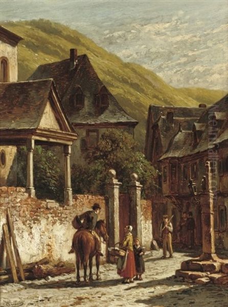 Chatting On A Village Square Oil Painting by Jacques Francois Carabain