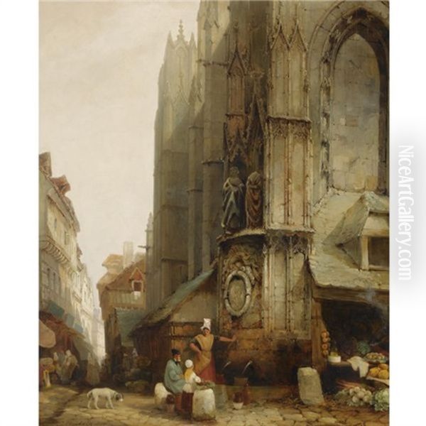 A Market Scene In Front Of A Gothic Cathedral Oil Painting by Jacques Francois Carabain