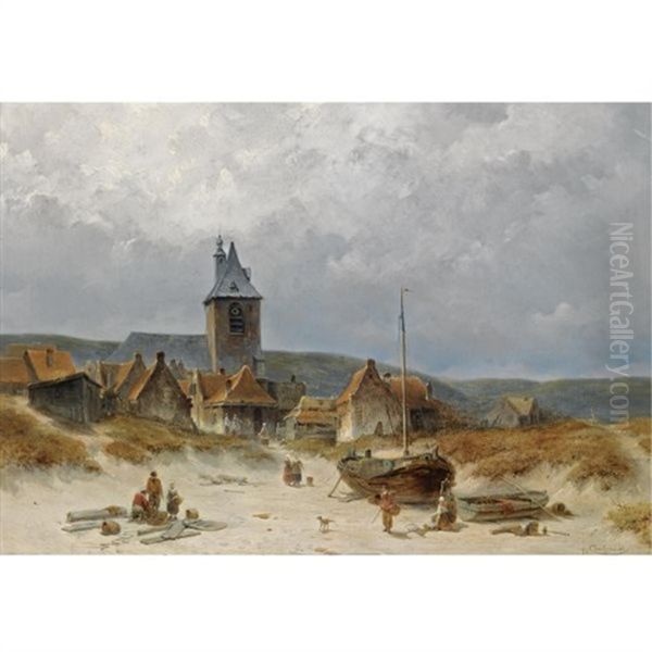 A Fishing Village In The Dunes Oil Painting by Jacques Francois Carabain