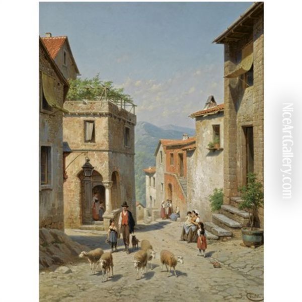 Figures In The Streets Of Frosinone, Italy Oil Painting by Jacques Francois Carabain