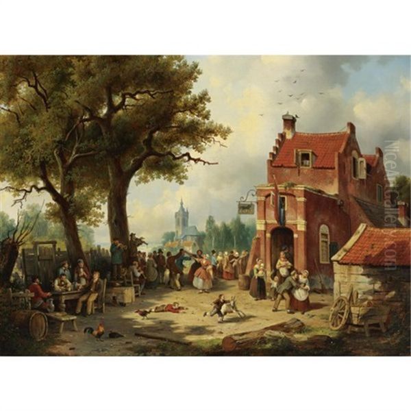 Festivities Outside The Inn Oil Painting by Jacques Francois Carabain