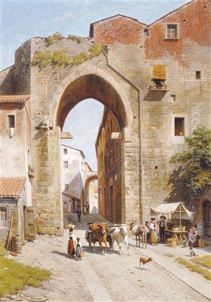 Une Vue De La Porta Santa Susanna A Perouse, Italie - Perugia Oil Painting by Jacques Francois Carabain