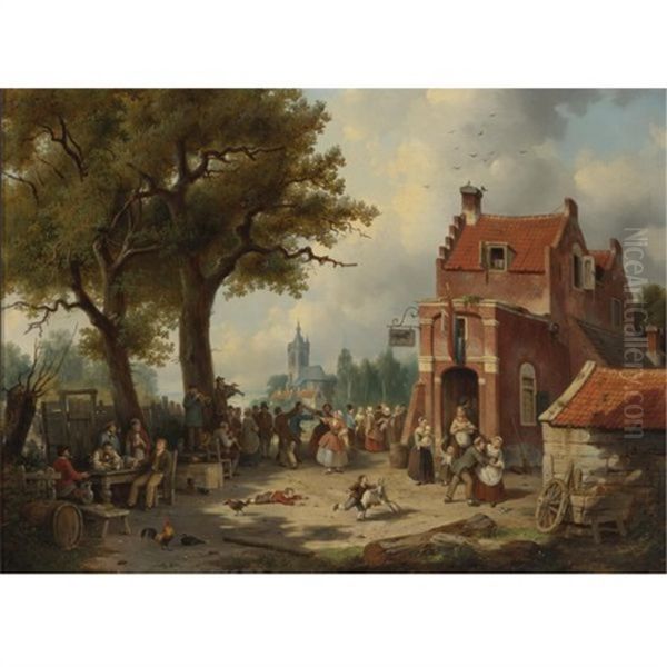 Festivities Outside The Inn Oil Painting by Jacques Francois Carabain