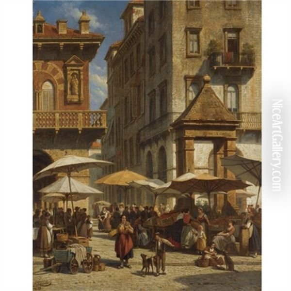 Piazza Delle Erbe, Verona Oil Painting by Jacques Francois Carabain