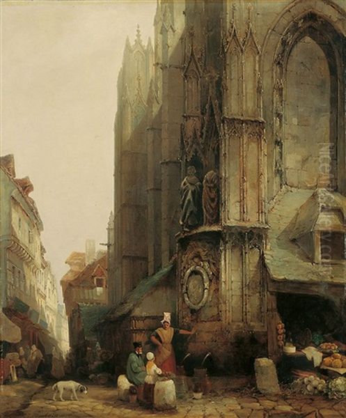 Marktszene Vor Einer Gotischen Kathedrale Oil Painting by Jacques Francois Carabain