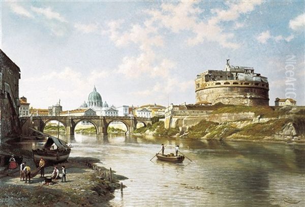 Une Vue Du Chateau Et Le Pont St.-ange A Rome Oil Painting by Jacques Francois Carabain