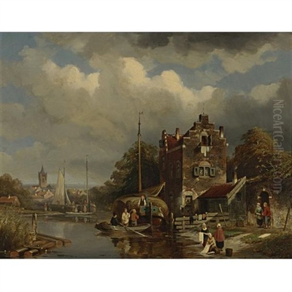 A Busy Day On The Canal Oil Painting by Jacques Francois Carabain