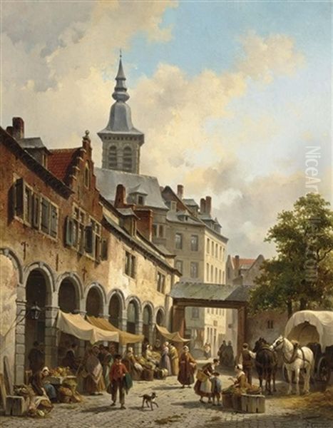 A Busy Market On A Town Square Oil Painting by Jacques Francois Carabain