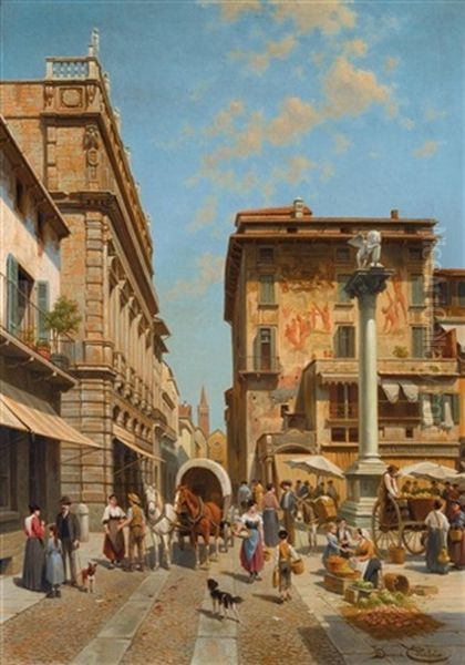 Piazza Delle Erbe, Verona Oil Painting by Jacques Francois Carabain