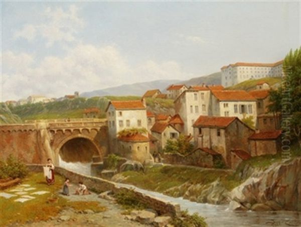 Paysage Montagneux Avec Lavandiere Et Enfants Le Long D'une Riviere Oil Painting by Jacques Francois Carabain