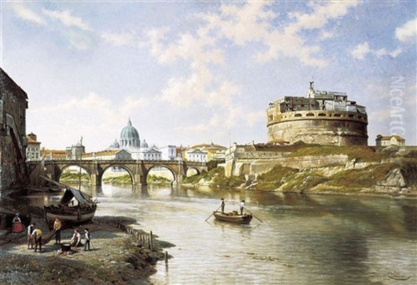 Une Vue Du Chateau Et Le Pont St.- Ange A Rome Oil Painting by Jacques Francois Carabain