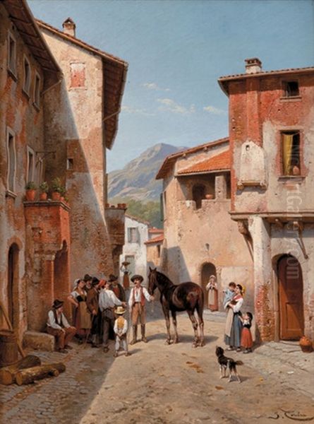 Villagers In A Sunlit Street Oil Painting by Jacques Francois Carabain